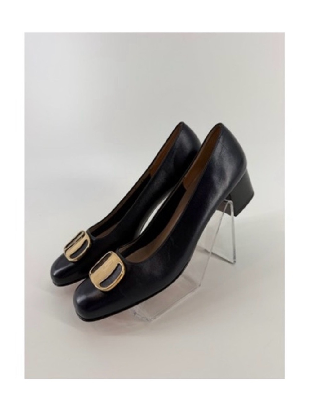 Salvatore Ferragamo Black Leather Pumps with Gold Buckle